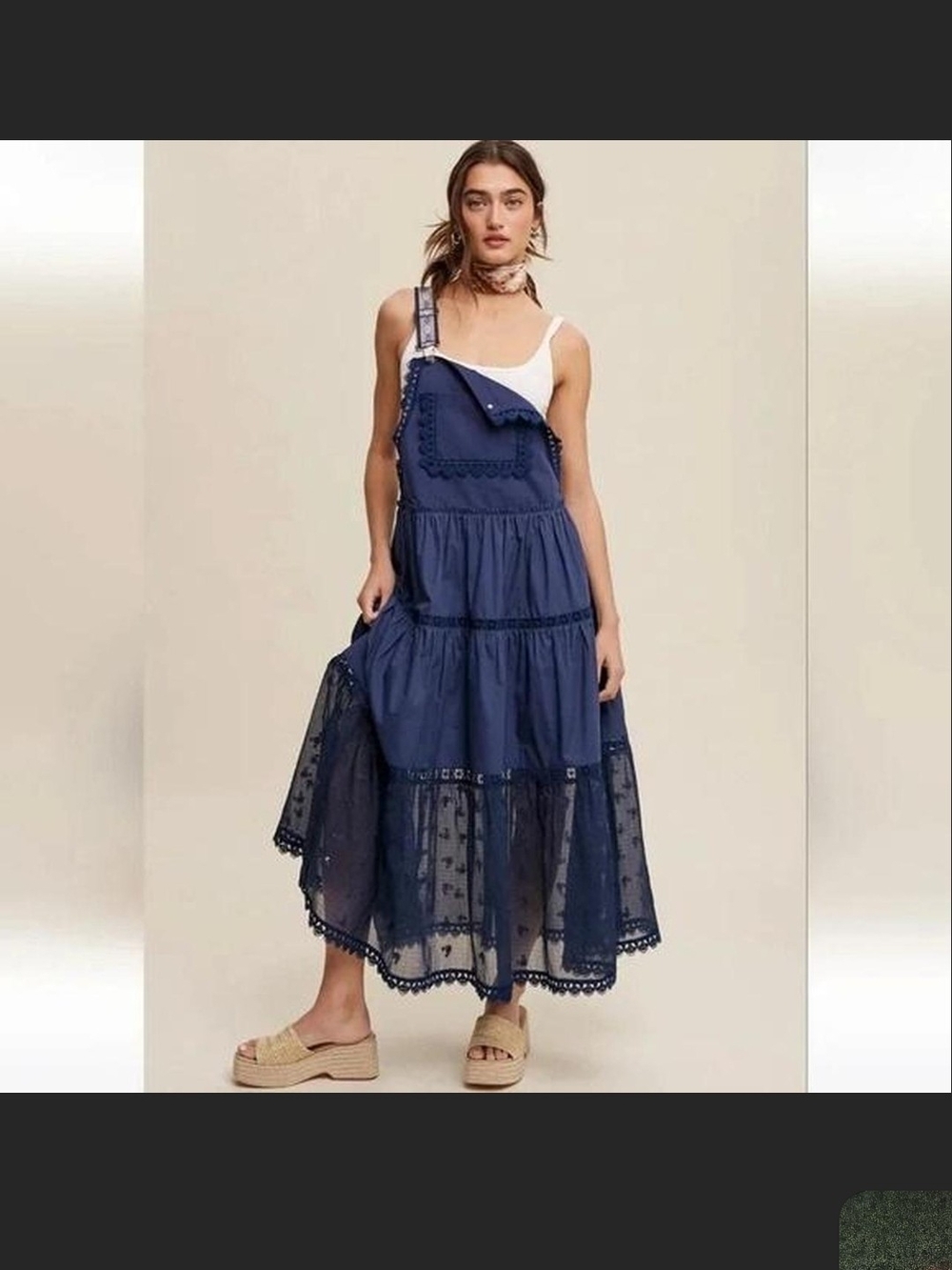 Tiered Navy Eyelet Dress with Square Bib Overal Dress